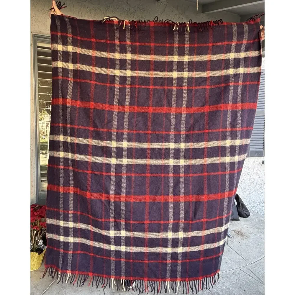 Vtg 60’s 100% Wool‎ Throw Blanket Red Blue Tartan Plaid MCM Small Twin 76x55